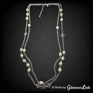 New York & Company Long Faux Pearl Station Double Strand Silver Tone Necklace